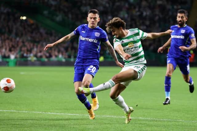 Celtic's Jota has a shot in the first half during a UEFA Europa League group stage match between Celtic and Bayer Leverkusen at Celtic Park, on September 30, 2021, in Glasgow, Scotland. (Photo by Alan Harvey / SNS Group)