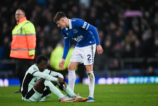 Nicolas Jackson of Chelsea looks away from Nathan Patterson of Everton after the Toffees won 2-0 at Goodison Park.