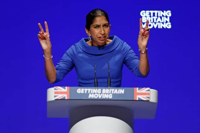 Suella Braverman, Secretary of State for the Home Department speaks on day three of the Conservative Party Conference.
