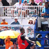 Nick Kyrgios of Australia argues with ATP chair umpire Carlos Bernardes of Brazil during the first set in his match against Jannik Sinner of Italy during the Miami Open at Hard Rock Stadium on March 29, 2022.