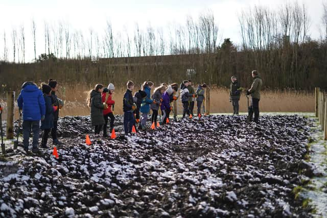 Local school children help create the Wee Forest which now surrounds The Howff at Queen Margaret University, Edinburgh