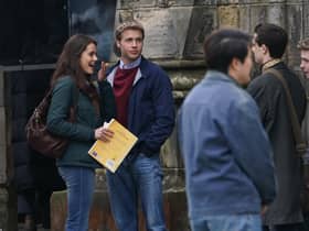 Actress Meg Bellamy, who plays Kate Middleton, and actor Ed McVey, who plays the part of Prince William, film scenes for the next season of The Crown in St Andrews in