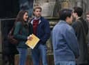 Actress Meg Bellamy, who plays Kate Middleton, and actor Ed McVey, who plays the part of Prince William, film scenes for the next season of The Crown in St Andrews in