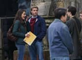 Actress Meg Bellamy, who plays Kate Middleton, and actor Ed McVey, who plays the part of Prince William, film scenes for the next season of The Crown in St Andrews in