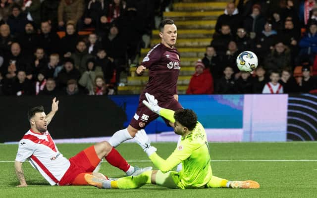 Hearts striker Lawrence Shankland scores his second of the game to seal a 4-1 win over Airdrieonians in the Scottish Cup Fifth Round. (Photo by Mark Scates / SNS Group)