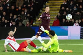 Hearts striker Lawrence Shankland scores his second of the game to seal a 4-1 win over Airdrieonians in the Scottish Cup Fifth Round. (Photo by Mark Scates / SNS Group)