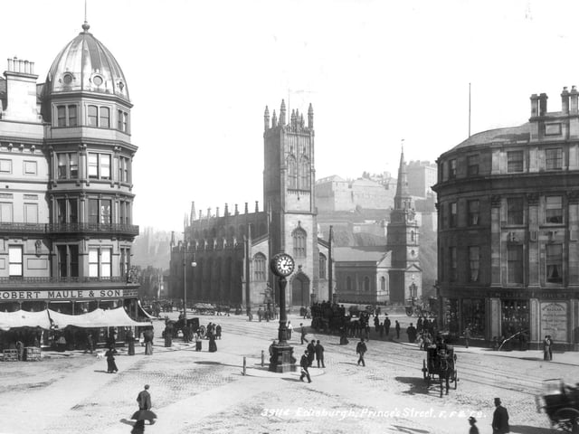 West End of Princes Street in the late 19th century showing Maule's store. this stunning building was constructed in the late 19th century and replaced in 1935 for the current Johnnie Walker (formerly Binns, House of Fraser) building.