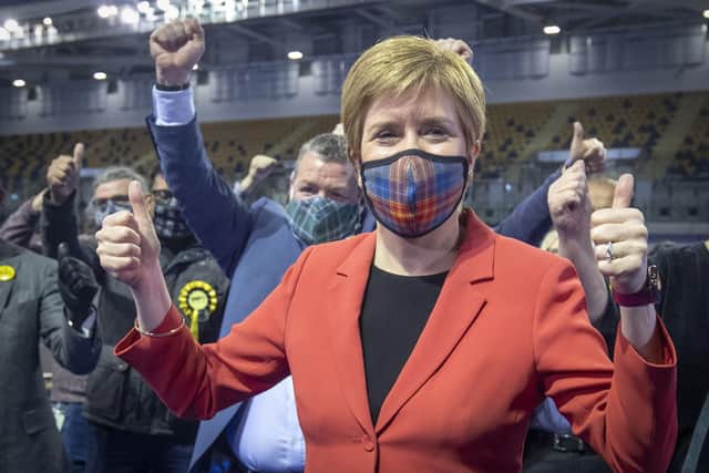 First Minister and SNP party leader Nicola Sturgeon celebrates after retaining her seat for Glasgow Southside. Photo: Jane Barlow/PA Wire