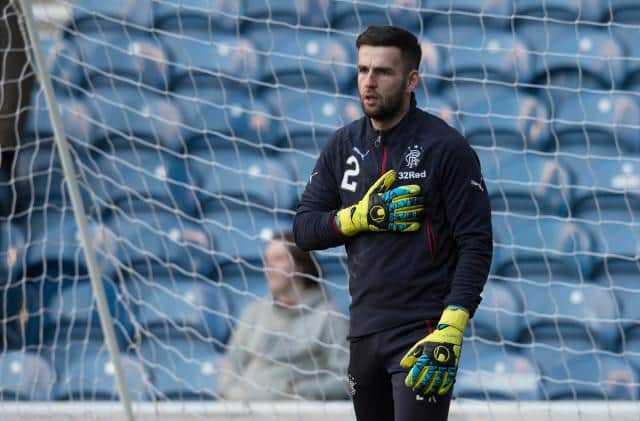 Liam Kelly warming up as substitute goalkeeper for Rangers in 2017. He did not make a first team appearance for the Ibrox club before leaving to join Livingston in 2018. (Photo by SNS Group).