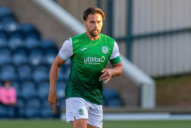 Hibs defender Darren McGregor was sent off in the 4-1 defeat to Rijeka.  (Photo by Ross MacDonald / SNS Group)