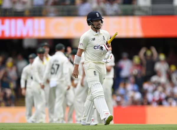 Rory Burns of England trudges off after losing his wicket on the first ball of the Ashes series (Photo by Bradley Kanaris/Getty Images)