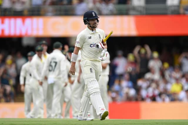 Rory Burns of England trudges off after losing his wicket on the first ball of the Ashes series (Photo by Bradley Kanaris/Getty Images)