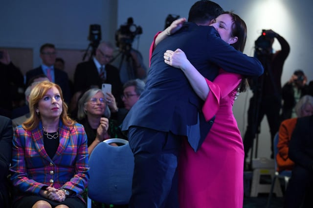 Ash Regan reacts as Kate Forbes embraces Humza Yousaf after he was named as the party's new leader
