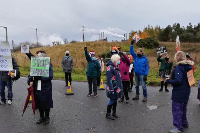 Protestors gather at the Mossmorran petrochemical plant today. PIC: Contributed.