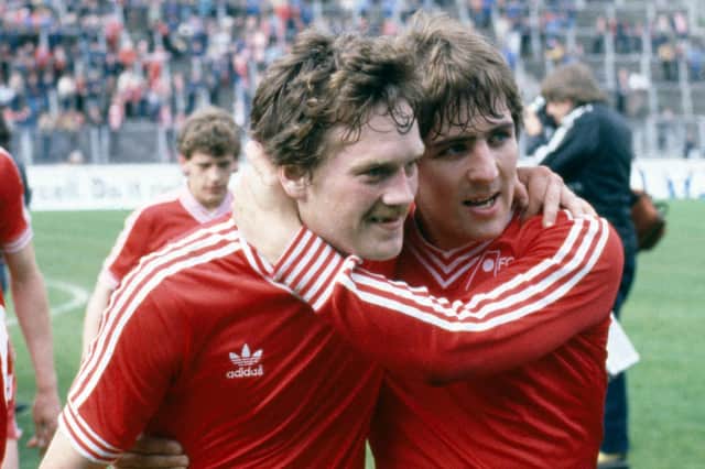 Dougie Bell and Mark McGhee celebrate the famous 4-1 Scottish Cup final triumph over Rangers in 1982