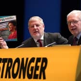 Angus Robertson MSP(L), Cabinet Secretary for the Constitution, External Affairs and Culture alongside Michael Russell, SNP President and Political Director of the SNP Independence Unit during the SNP conference at The Event Complex Aberdeen (TECA) in Aberdeen , Scotland.