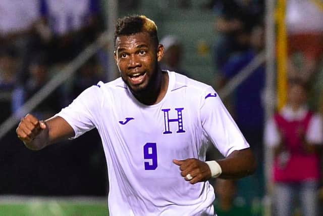 Jorge Benguche celebrates scoring for Honduras against Puerto Rico