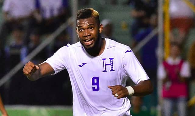 Jorge Benguche celebrates scoring for Honduras against Puerto Rico