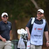 Ewen Ferguson has a laugh with his caddie, fellow Scot Stephen Neilson, during the pro-am ahead of the Hero Cup at Abu Dhabi Golf Club. Picture: Andrew Redington/Getty Images.