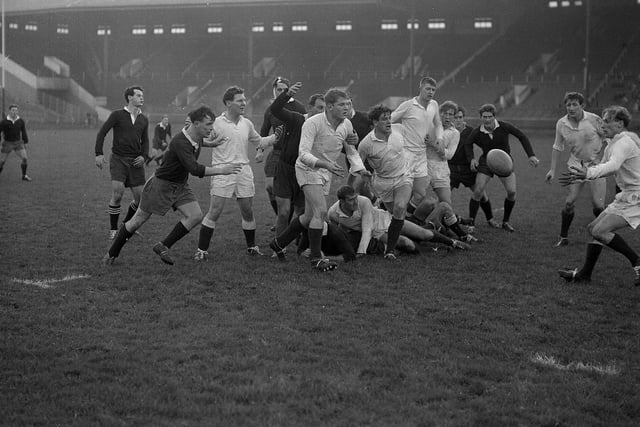 In the 1950s and 1960s the 'Blues v Whites' match pitted the probable Scotland international rugby union team against those with a chance of making the side. Alex Hastie is pictured tackling Iain Todd during one of the matches in 1959.