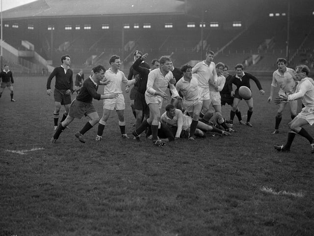 In the 1950s and 1960s the 'Blues v Whites' match pitted the probable Scotland international rugby union team against those with a chance of making the side. Alex Hastie is pictured tackling Iain Todd during one of the matches in 1959.