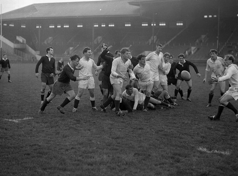 In the 1950s and 1960s the 'Blues v Whites' match pitted the probable Scotland international rugby union team against those with a chance of making the side. Alex Hastie is pictured tackling Iain Todd during one of the matches in 1959.