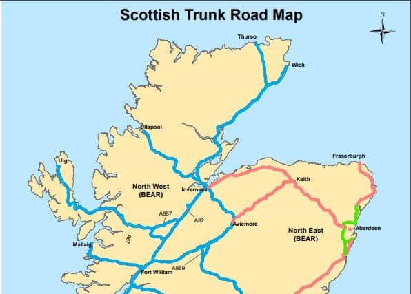Amey maintains the trunk roads coloured yellow. BEAR Scotland is responsible for those in blue, pink and orange. Roads in other colours are maintained by other firms as part of their construction contracts.