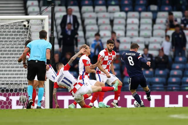 Callum McGregor scores what proved to be Scotland's only goal of the Euro 2020 finals during the 3-1 defeat against Croatia at Hampden. (Photo by Lee Smith - Pool/Getty Images)
