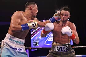 Teofimo lands a big blow to Josh Taylor at Madison Square Garden. Picture: Shabba Shafiq/SWTSCNC.