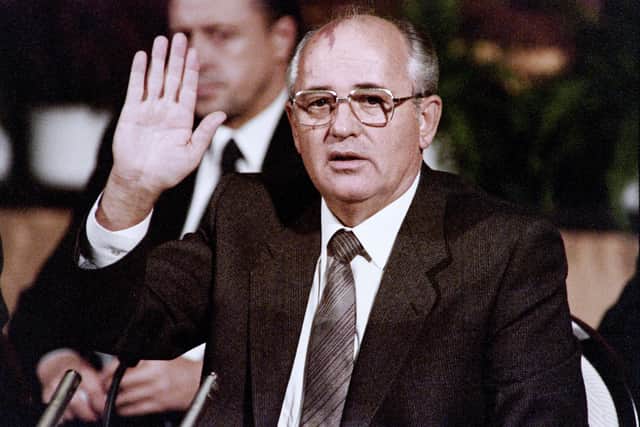Soviet leader Mikhail Gorbachev takes questions during a press conference at a summit in Reykjavik, Iceland, where he met US President Ronald Reagan in 1986 (Picture: AFP via Getty Images)