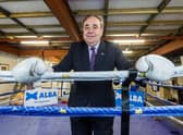 Alba Party Leader and former first minister Alex Salmond gets into the ring at Alex Arthur's Boxing Gym on Rose Street in Edinburgh. Picture: Lisa Ferguson