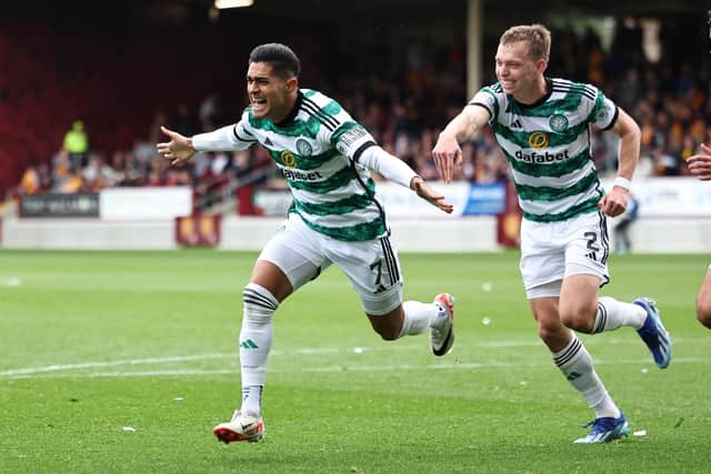 Luis Palma celebrates after scoring Celtic's opener against Motherwell. (Photo by Ross MacDonald / SNS Group)