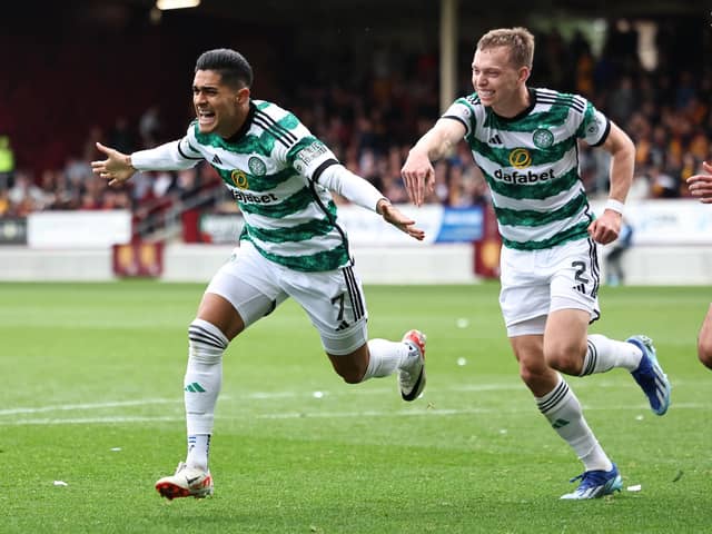 Luis Palma celebrates after scoring Celtic's opener against Motherwell. (Photo by Ross MacDonald / SNS Group)
