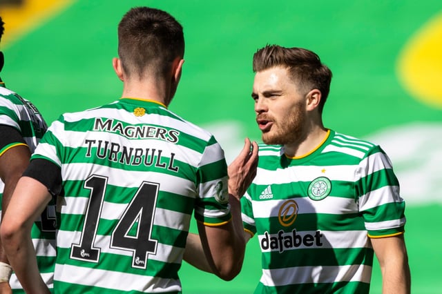 GLASGOW, SCOTLAND - APRIL 10: Celtic's David Turnbull celebrates his goal to make it 2-0 with James Forrest during the Scottish Premiership match between Celtic and Livingston at Celtic Park, on April 10, 2021, in Glasgow, Scotland. (Photo by Craig Williamson / SNS Group)