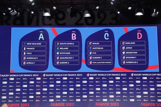 Electronic boards show the pool stage draw in Paris for Rugby World Cup 2023. Picture: Christophe Ena/AP