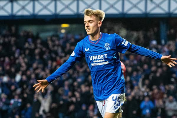 Rangers youngster Ross McCausland celebrates putting his side 1-0 up against Kilmarnock on January 2. (Photo by Paul Devlin / SNS Group)