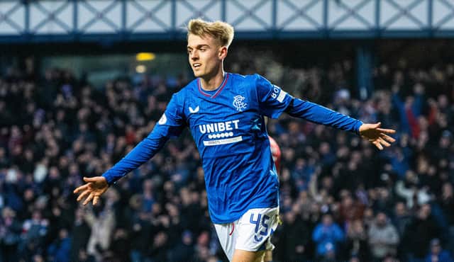 Rangers youngster Ross McCausland celebrates putting his side 1-0 up against Kilmarnock on January 2. (Photo by Paul Devlin / SNS Group)