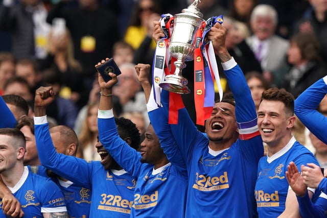 Rangers' James Tavernier lifts the trophy following the Scottish Cup final