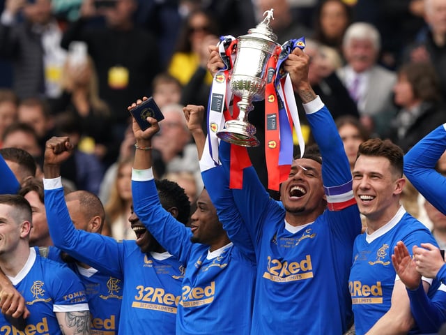 Rangers' James Tavernier lifts the trophy following the Scottish Cup final