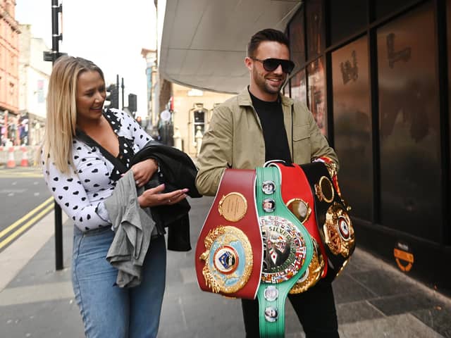 Josh Taylor, pictured with partner Danielle, wants a homecoming fight before heading back across the Atlantic. (Picture: John Devlin)