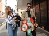 Josh Taylor, pictured with partner Danielle, wants a homecoming fight before heading back across the Atlantic. (Picture: John Devlin)