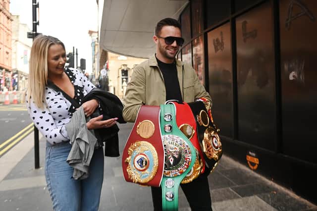 Josh Taylor, pictured with partner Danielle, wants a homecoming fight before heading back across the Atlantic. (Picture: John Devlin)