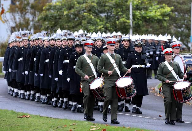 The Royal Navy's Ceremonial Guard in their final rehearsal for their duties at the Cenotaph in London, on Remembrance Sunday. They were photographed at Whale Island, Portsmouth. Picture: Chris Moorhouse   (jpns 101121-19)