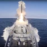In this handout photo released by the Russian Defense Ministry Press Service released on Sunday, June 19, 2022, The Russian frigate of the Black Sea Fleet from the Black Sea launches a Caliber cruise missile at designated ground targets on a mission at an undisclosed location in Ukraine. (Russian Defense Ministry Press Service via AP)