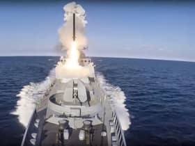 In this handout photo released by the Russian Defense Ministry Press Service released on Sunday, June 19, 2022, The Russian frigate of the Black Sea Fleet from the Black Sea launches a Caliber cruise missile at designated ground targets on a mission at an undisclosed location in Ukraine. (Russian Defense Ministry Press Service via AP)