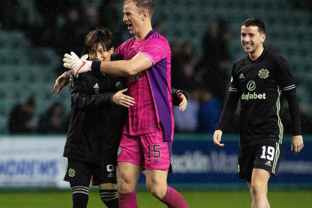 Celtic keeper Joe Hart celebrates with Kyogo Furuhashi, and Michael Johnston at the end of Celtic's 3-1 win away to Hibs demonstrating his mentor role on a night when the England international had produced on the park with two crucial saves. (Photo by Ross Parker / SNS Group)