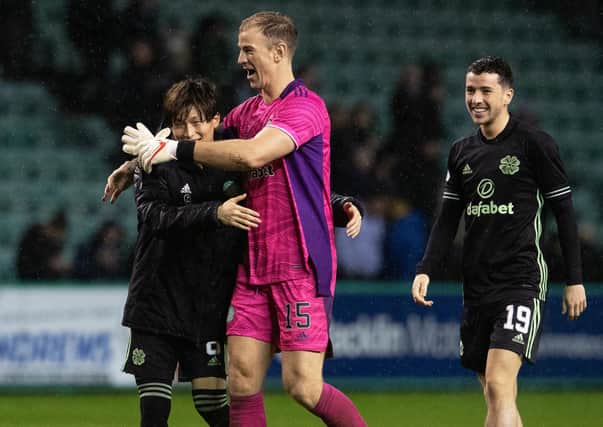 Celtic keeper Joe Hart celebrates with Kyogo Furuhashi, and Michael Johnston at the end of Celtic's 3-1 win away to Hibs demonstrating his mentor role on a night when the England international had produced on the park with two crucial saves. (Photo by Ross Parker / SNS Group)