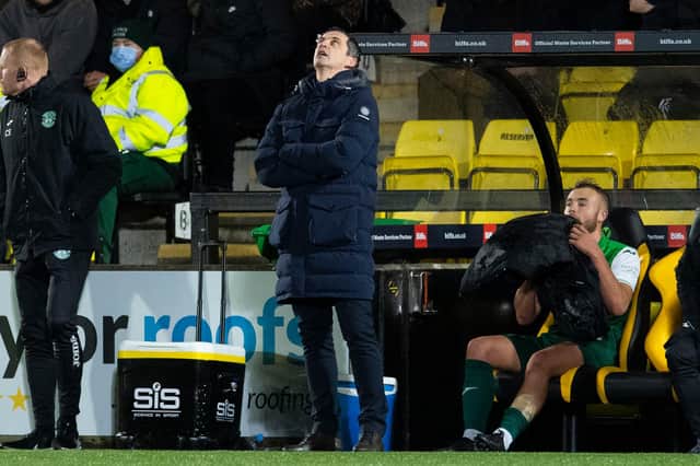 Hibs manager Jack Ross looks to the skies as his side crash to a 1-0 defeat at Livingston (Photo by Ross Parker / SNS Group)