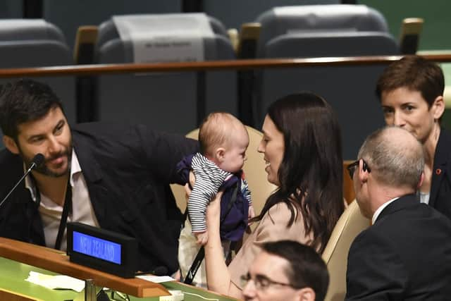 Jacinda Ardern holds her daughter Neve during the Nelson Mandela Peace Summit at the United Nations in 2018 (Picture: Don Emmert/AFP via Getty Images)