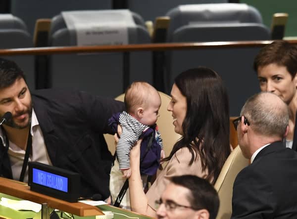Jacinda Ardern holds her daughter Neve during the Nelson Mandela Peace Summit at the United Nations in 2018 (Picture: Don Emmert/AFP via Getty Images)